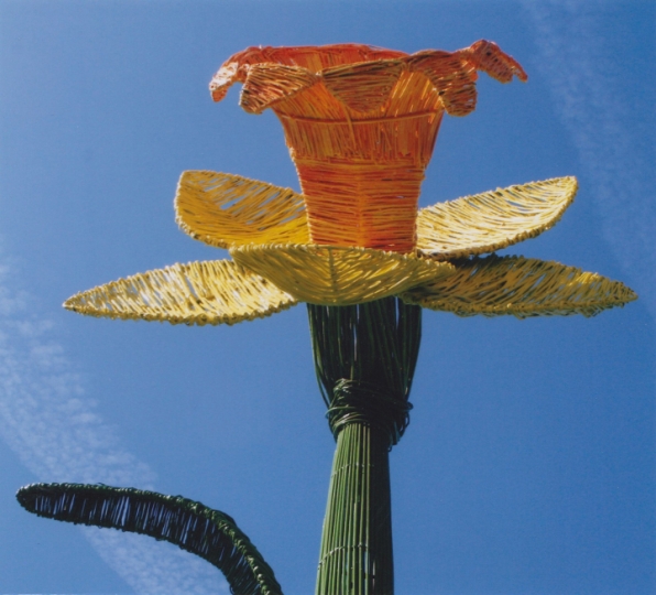 Metal & willow sculpture of a giant 13 foot daffodil by Welsh sculptor Purple Sue for RHS Cardiff Flower Show